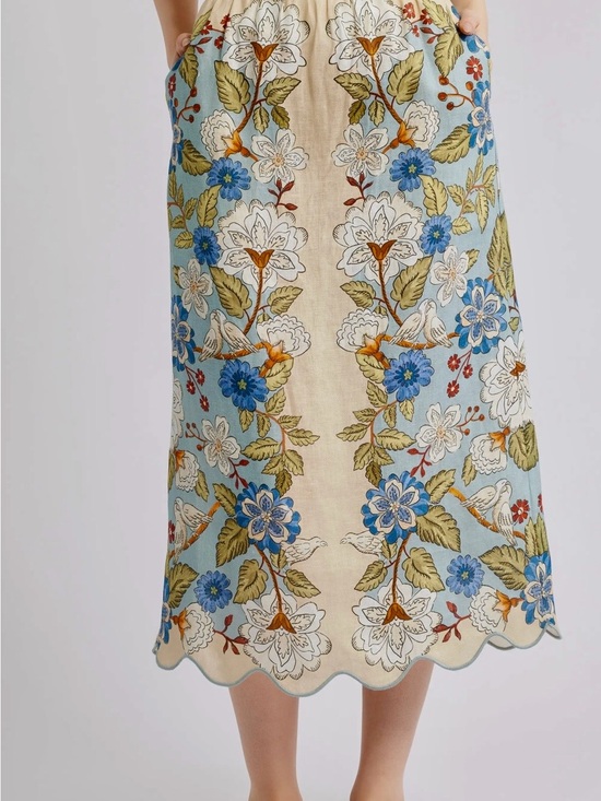 FARM Rio Dresses & Skirts - FARM Rio Floral Embroidered Scallop Hem Midi Skirt in Light Blue and Cream SMALL